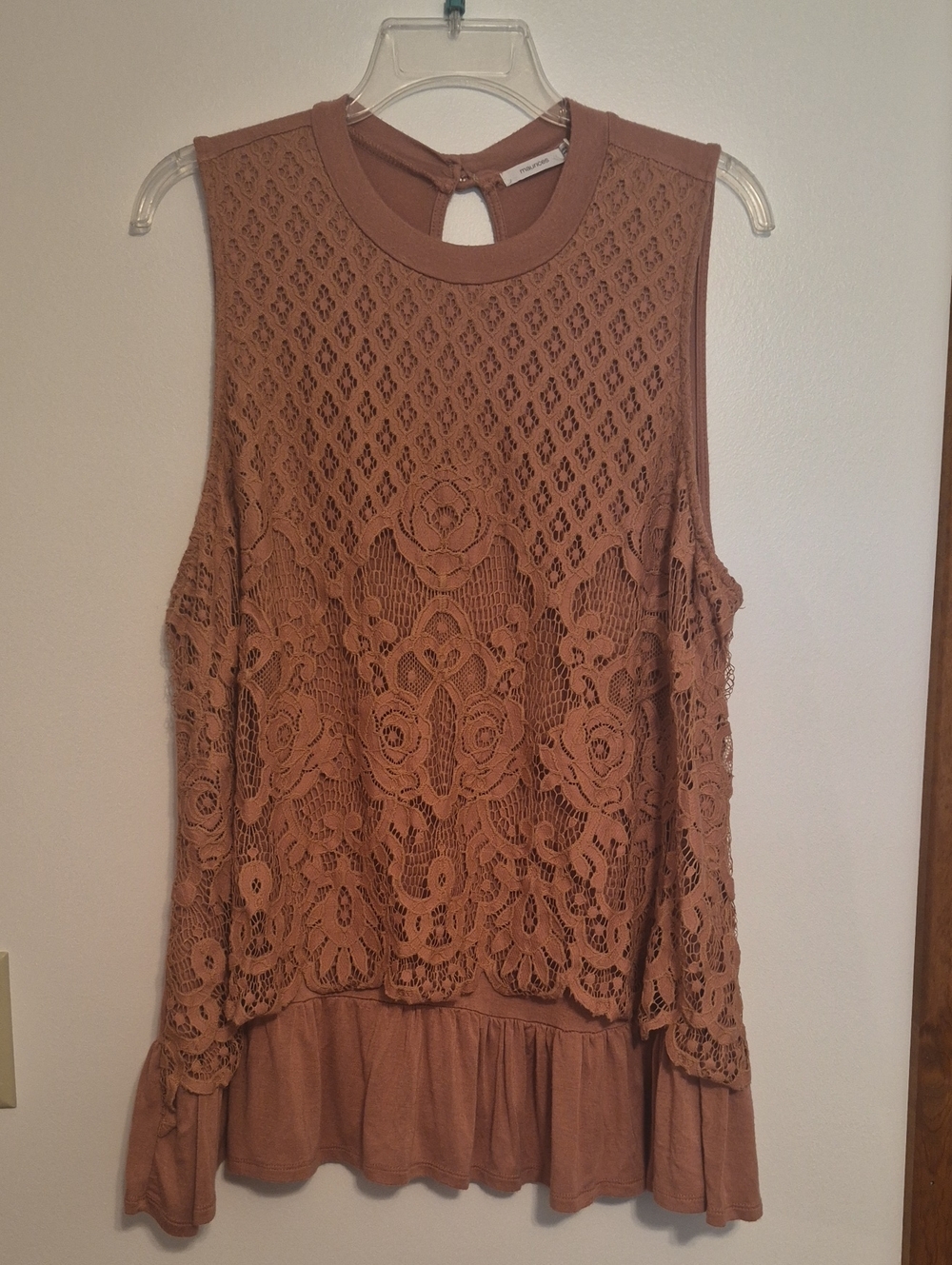Vintage Maurices Dusty Rose Lace Ftont Sleeveless Top With Ruffle Sz 2